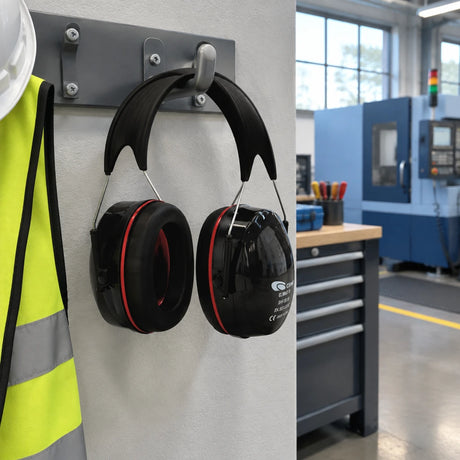 Climax CLI-14-N black adjustable safety earmuff stored on a PPE hook beside manufacturing equipment