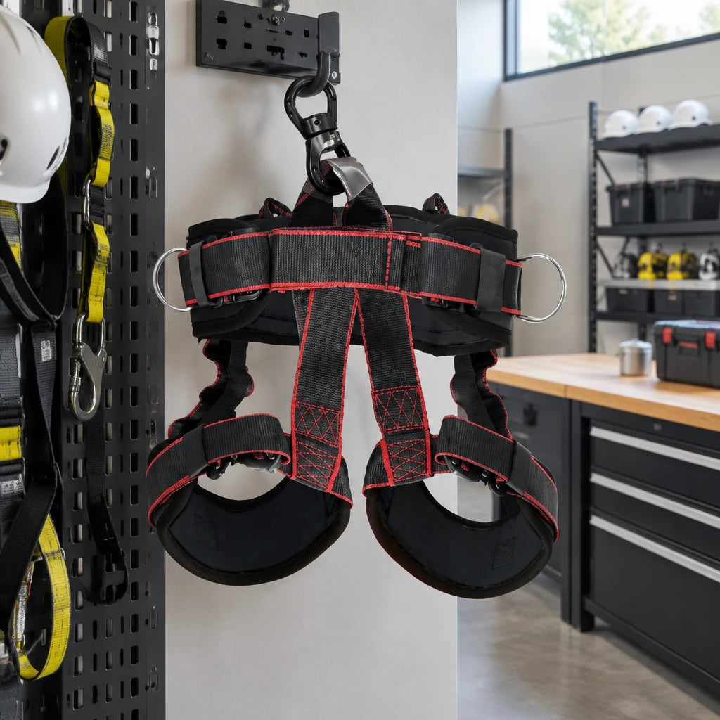 Climax Atlas fall-arrest harness hanging at an orderly professional PPE storage station
