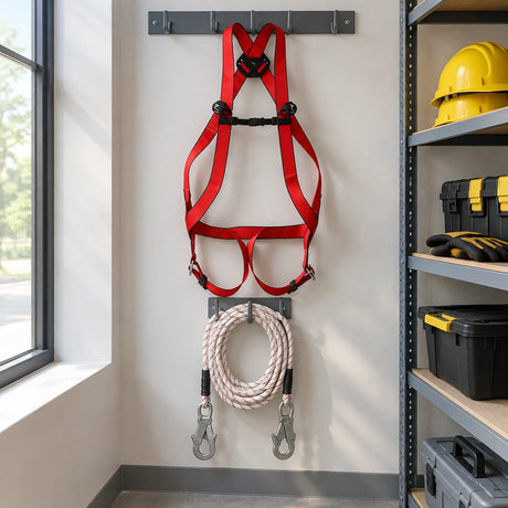 Red Climax Basic10 fall-arrest harness kit stored on a maintenance PPE rail with its rope and hooks.