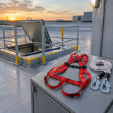 Completed commercial rooftop maintenance area with the red Climax Basic10 harness kit resting at a PPE station.