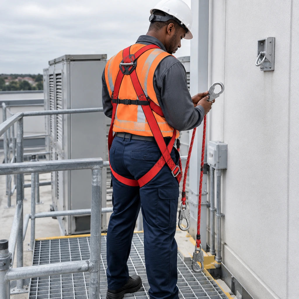 Facilities-maintenance worker checks a red Climax Basic10 safety harness and rope before controlled rooftop service work.