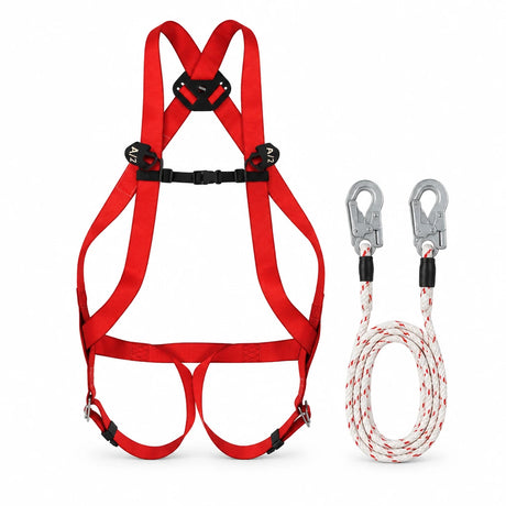 Climax Basic10 red safety harness kit with 1.5 m rope and two hooks on a white background.
