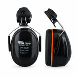 Climax black behind-the-neck over-ear safety earmuff with padded cups and wire neckband on white background, showing front and side views.