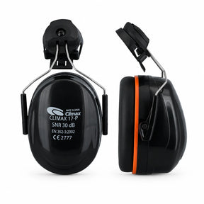 Climax black behind-the-neck over-ear safety earmuff with padded cups and wire neckband on white background, showing front and side views.