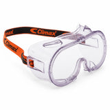 Climax CLI-539 clear panoramic safety goggles with orange adjustable strap on white background