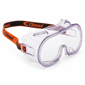 Climax CLI-539 clear panoramic safety goggles with orange adjustable strap on white background
