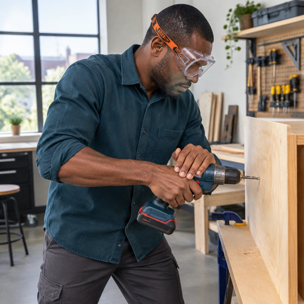 African American maker wearing Climax CLI-539 clear goggles while drilling a plywood panel