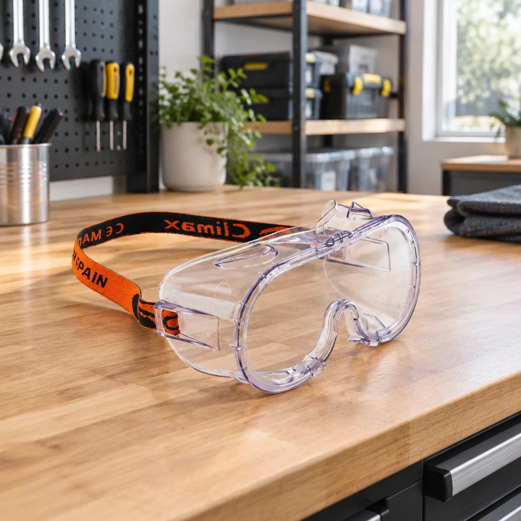 Climax CLI-539 clear protective goggles resting on a clean makerspace workbench