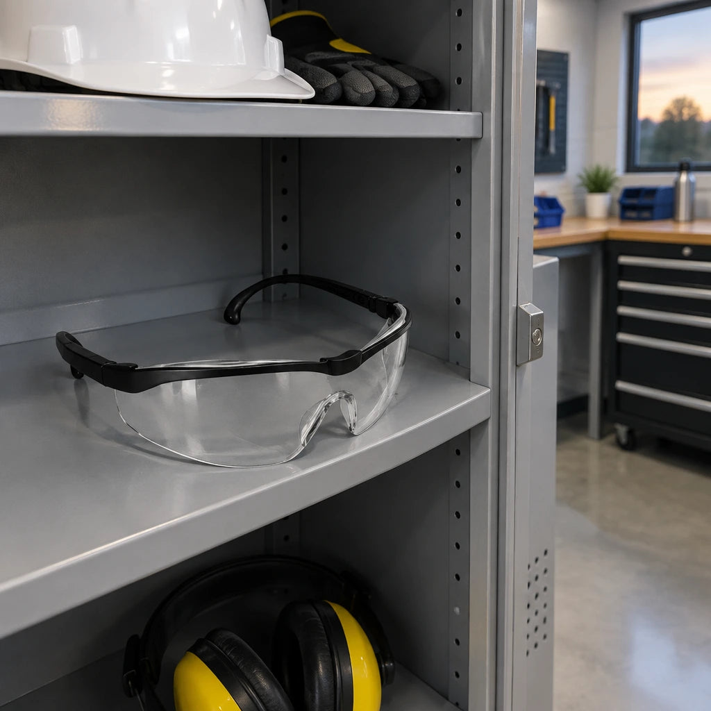 Climax CLI-595-I clear safety glasses resting in a designated PPE cabinet in a clean maintenance room