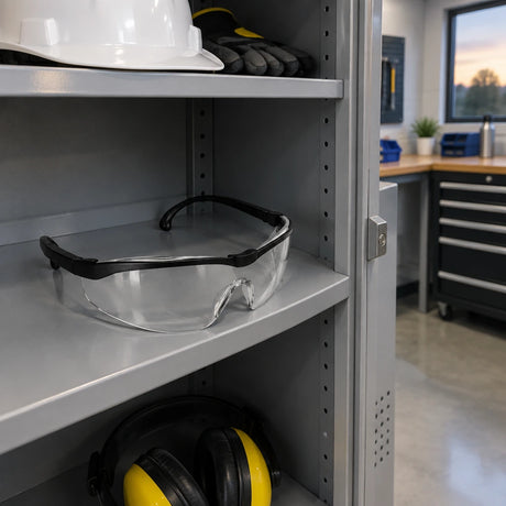 Climax CLI-595-I clear safety glasses resting in a designated PPE cabinet in a clean maintenance room