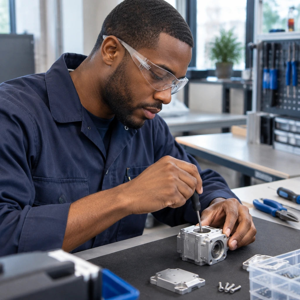 African American assembly technician wearing Climax CLI-590-I clear safety glasses while fastening a component at a workbench