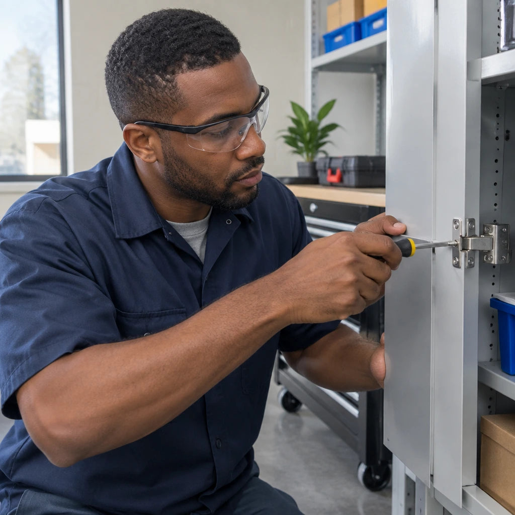 African American maintenance technician wearing Climax CLI-595-I clear safety glasses while repairing a cabinet hinge