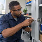 African American maintenance technician wearing Climax CLI-595-I clear safety glasses while repairing a cabinet hinge