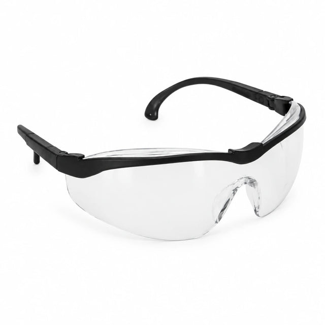 Climax CLI-595-I clear wraparound protective safety glasses with black temples on a white background