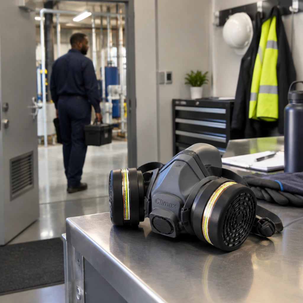 Prepared Climax half mask with matched CLI-A755-756 combination filters at a maintenance PPE station