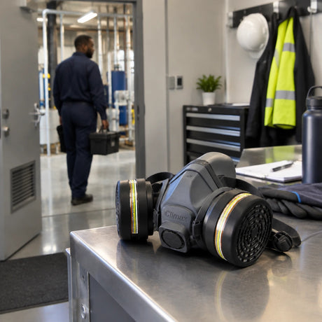 Prepared Climax half mask with matched CLI-A755-756 combination filters at a maintenance PPE station