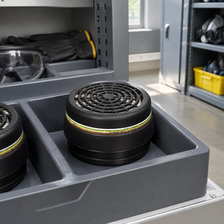 Climax combination cartridge filter resting in an organised industrial PPE storage cabinet
