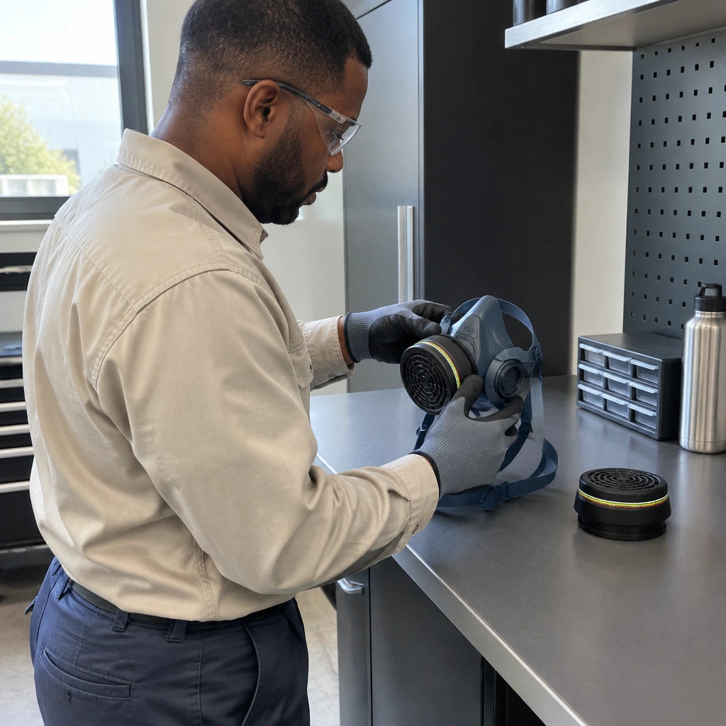 Technician fitting matched Climax CLI-A755-756 cartridge filters to a compatible half mask