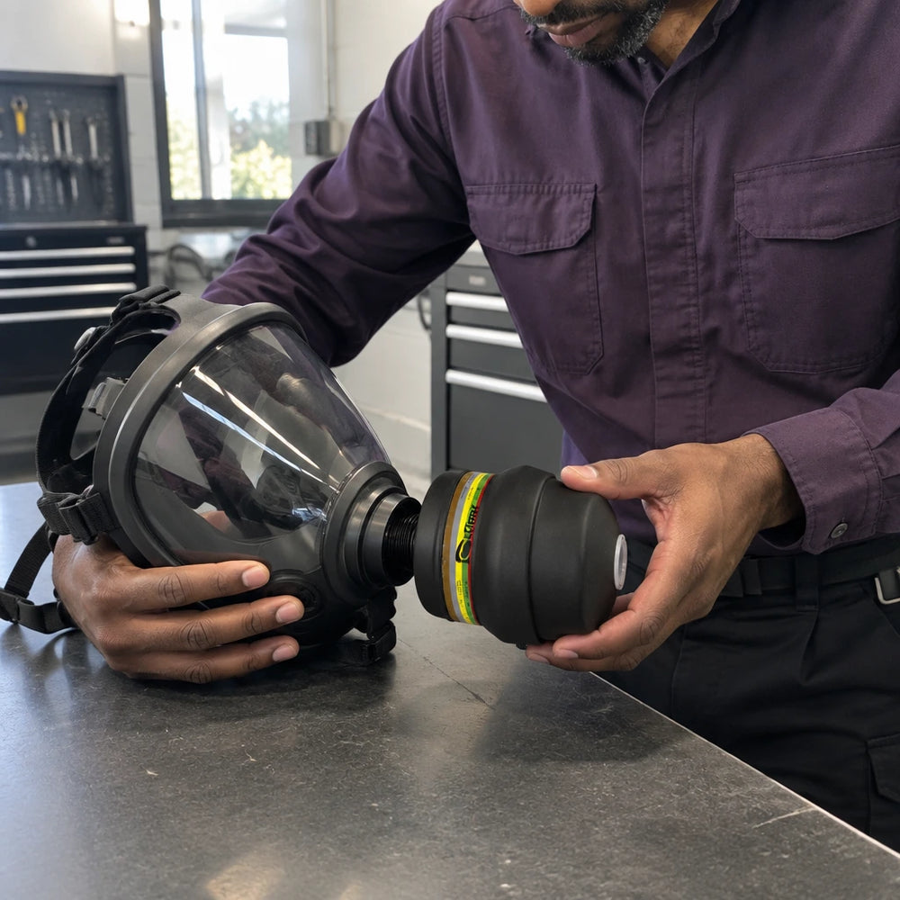 African American maintenance technician threading a Climax CLI-725 filter into a compatible full-face mask