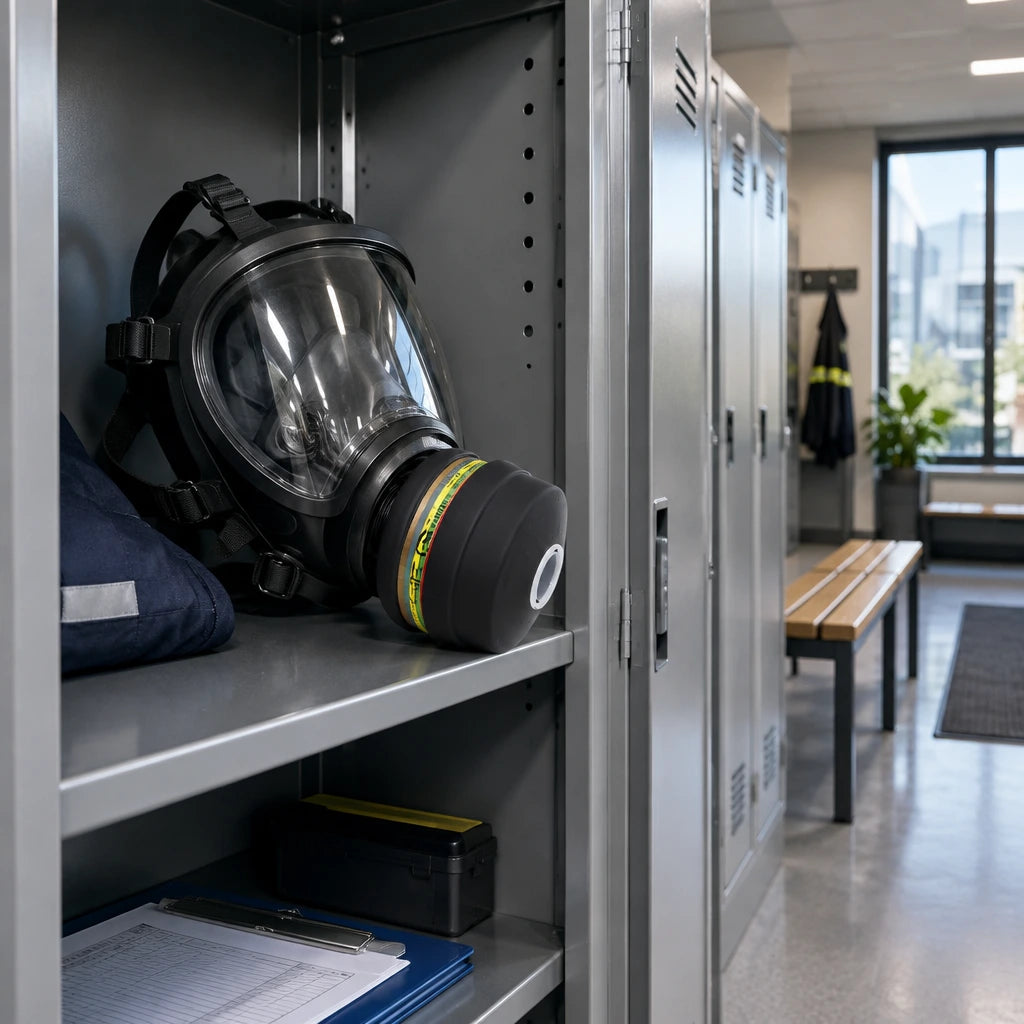 Climax CLI-725 filter fitted to a compatible full-face mask in an organised industrial PPE locker