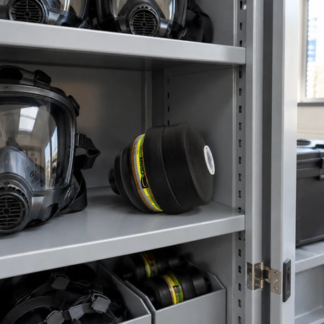 Climax CLI-725 combination filter stored in an organised industrial PPE cabinet