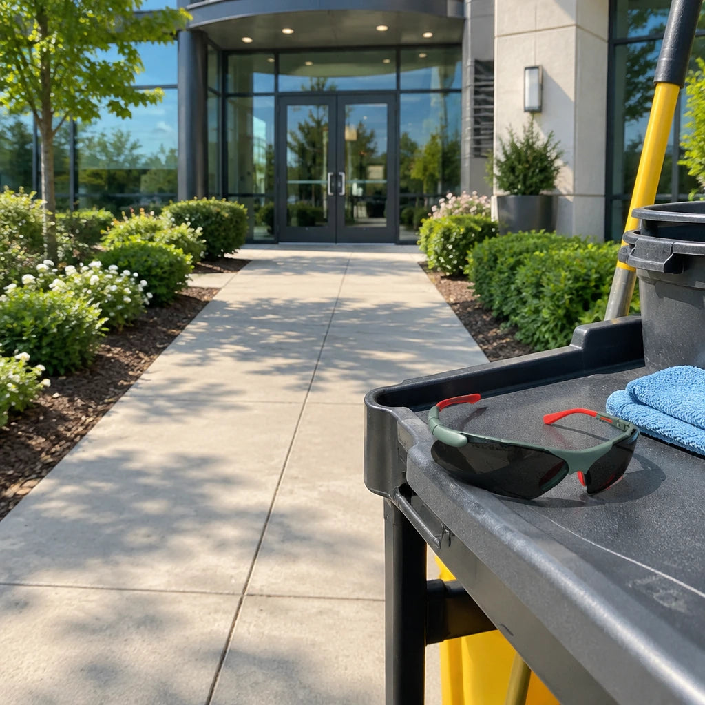 Clean commercial walkway after maintenance with Climax CLI-597-G safety glasses resting on a service cart