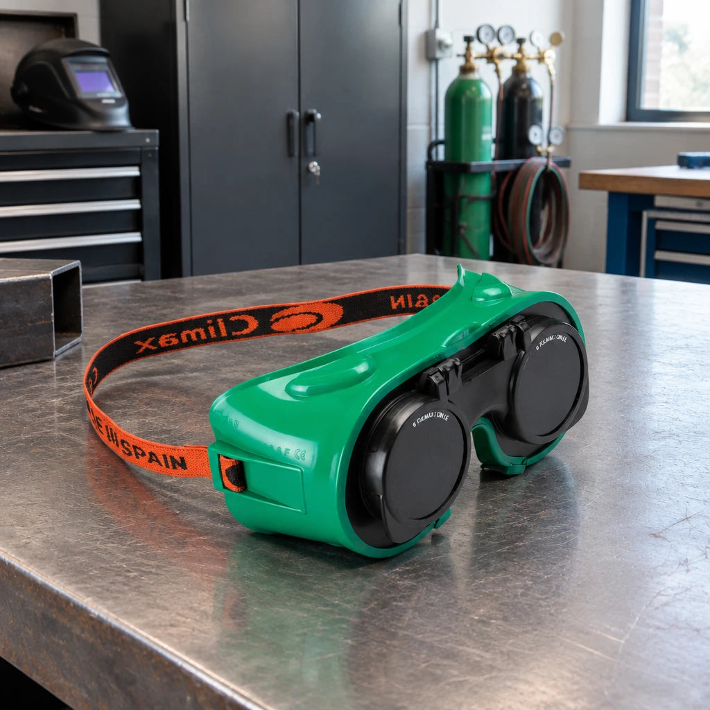 Climax green welding goggles resting on an organised metal-fabrication workbench beside PPE storage