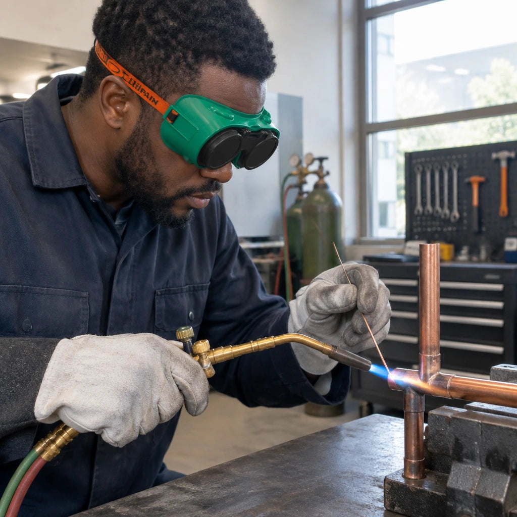 African American metal fabricator wearing Climax flip-up goggles while brazing a supported metal joint in a workshop