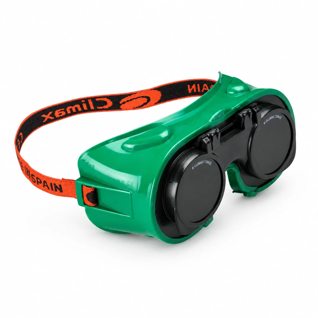 Climax CLI-545-A green flip-up welding goggles with enclosed black filter covers and adjustable strap on white background