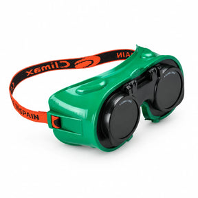 Climax CLI-545-A green flip-up welding goggles with enclosed black filter covers and adjustable strap on white background