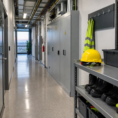 Yellow Climax 5-RG safety helmet resting at a PPE return shelf beside a completed commercial maintenance corridor.