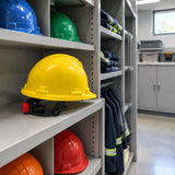Yellow Climax 5-RG safety helmet resting on an organised PPE shelf in a modern maintenance storeroom.