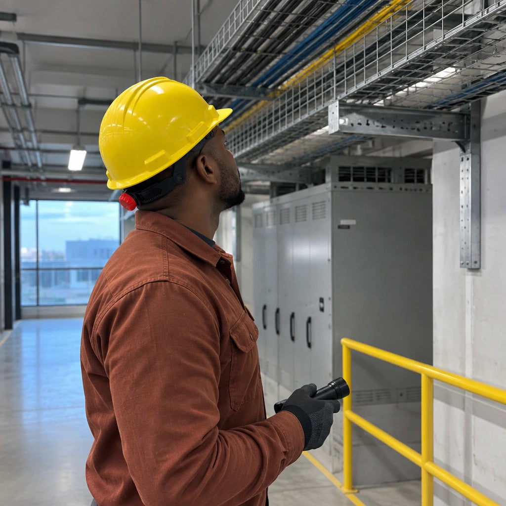 African American facilities technician wearing a yellow Climax 5-RG safety helmet while inspecting an indoor commercial service corridor.