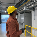 African American facilities technician wearing a yellow Climax 5-RG safety helmet while inspecting an indoor commercial service corridor.
