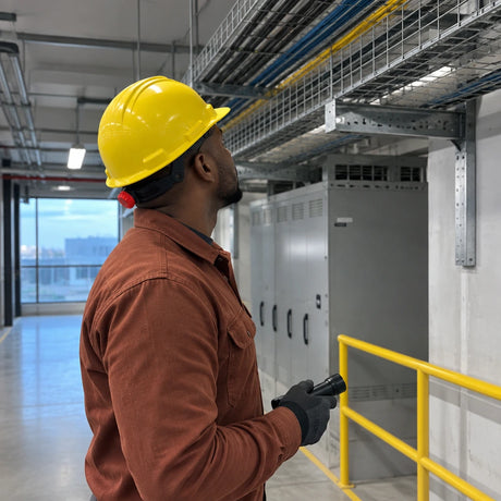 African American facilities technician wearing a yellow Climax 5-RG safety helmet while inspecting an indoor commercial service corridor.