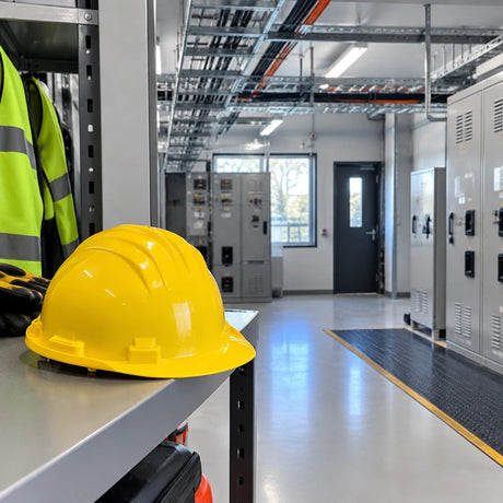 Completed commercial electrical service room with a yellow Climax 5-RS helmet resting at the PPE return shelf