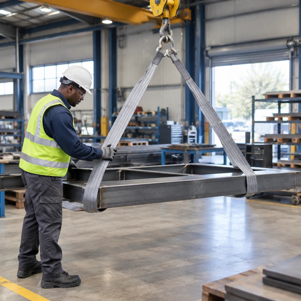 African American rigger checks a grey Climax polyester webbing sling lifting a fabricated steel frame in a workshop.