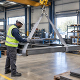 African American rigger checks a grey Climax polyester webbing sling lifting a fabricated steel frame in a workshop.