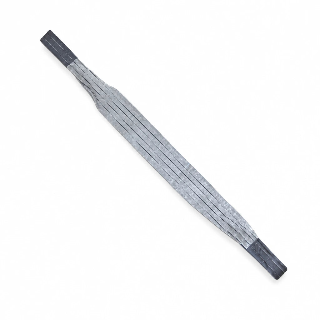 Grey Climax flat polyester webbing sling with reinforced loop ends on a white background.