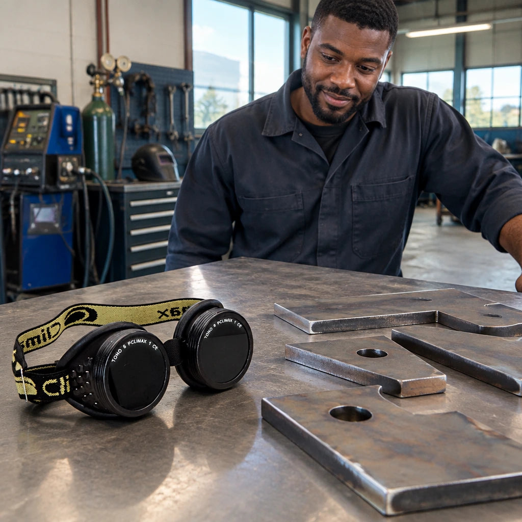 Finished gas-cut steel pieces with Climax CLI-80 welding goggles resting beside them on an inspection bench