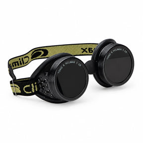 Climax CLI-80 round ocular welding goggles with dual dark lenses and adjustable elastic strap on white background
