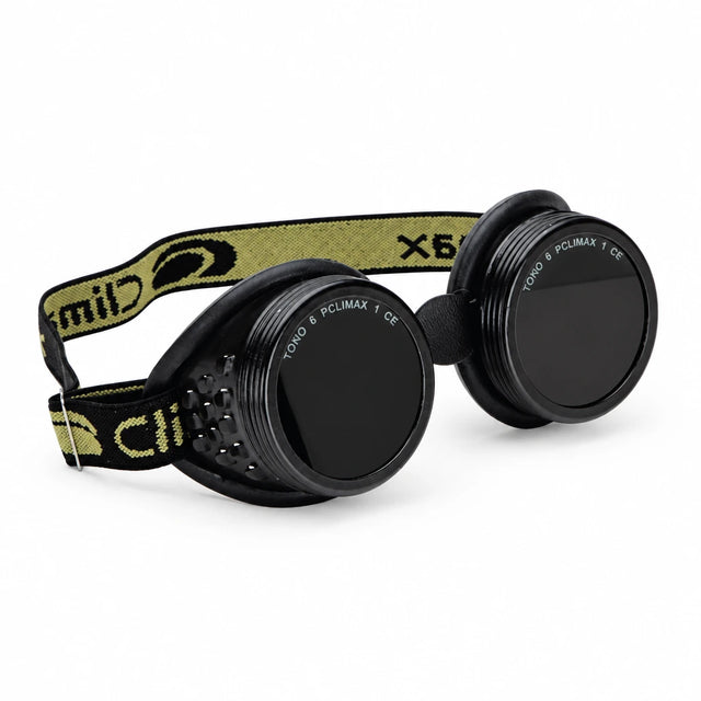 Climax CLI-80 round ocular welding goggles with dual dark lenses and adjustable elastic strap on white background