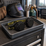 Climax CLI-80 welding goggles resting in a designated PPE compartment at an organised metalworking station