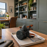 Finished painted home-office storage with the Climax CLI-745-A respirator resting nearby after the project.