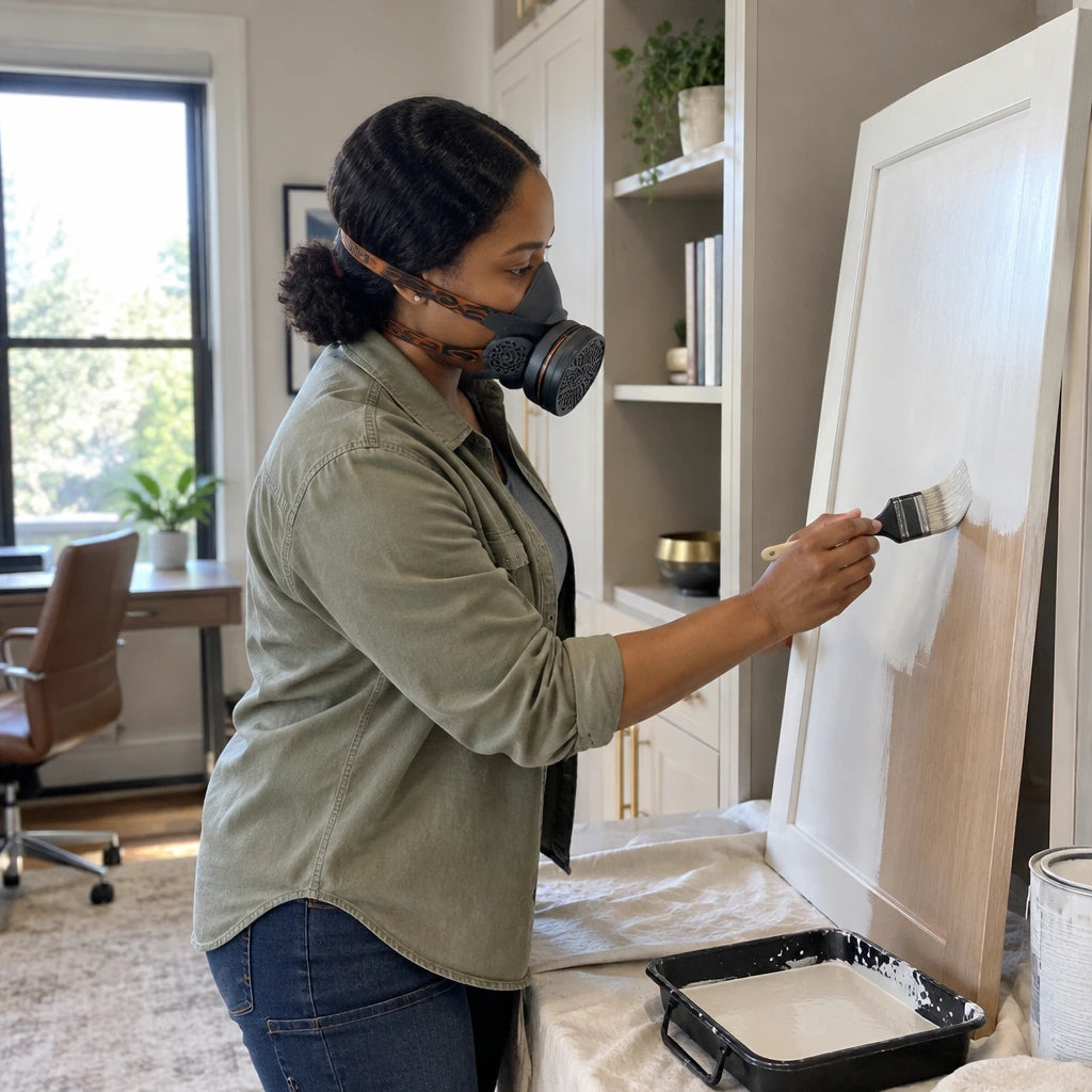 African American homeowner wearing a Climax CLI-745-A half-face respirator while painting a built-in office cabinet.