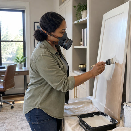 African American homeowner wearing a Climax CLI-745-A half-face respirator while painting a built-in office cabinet.