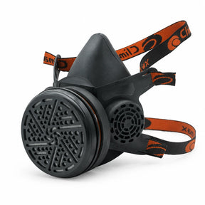 Climax CLI-745-A single-filter half-face respirator with adjustable orange-and-black straps on a white background.