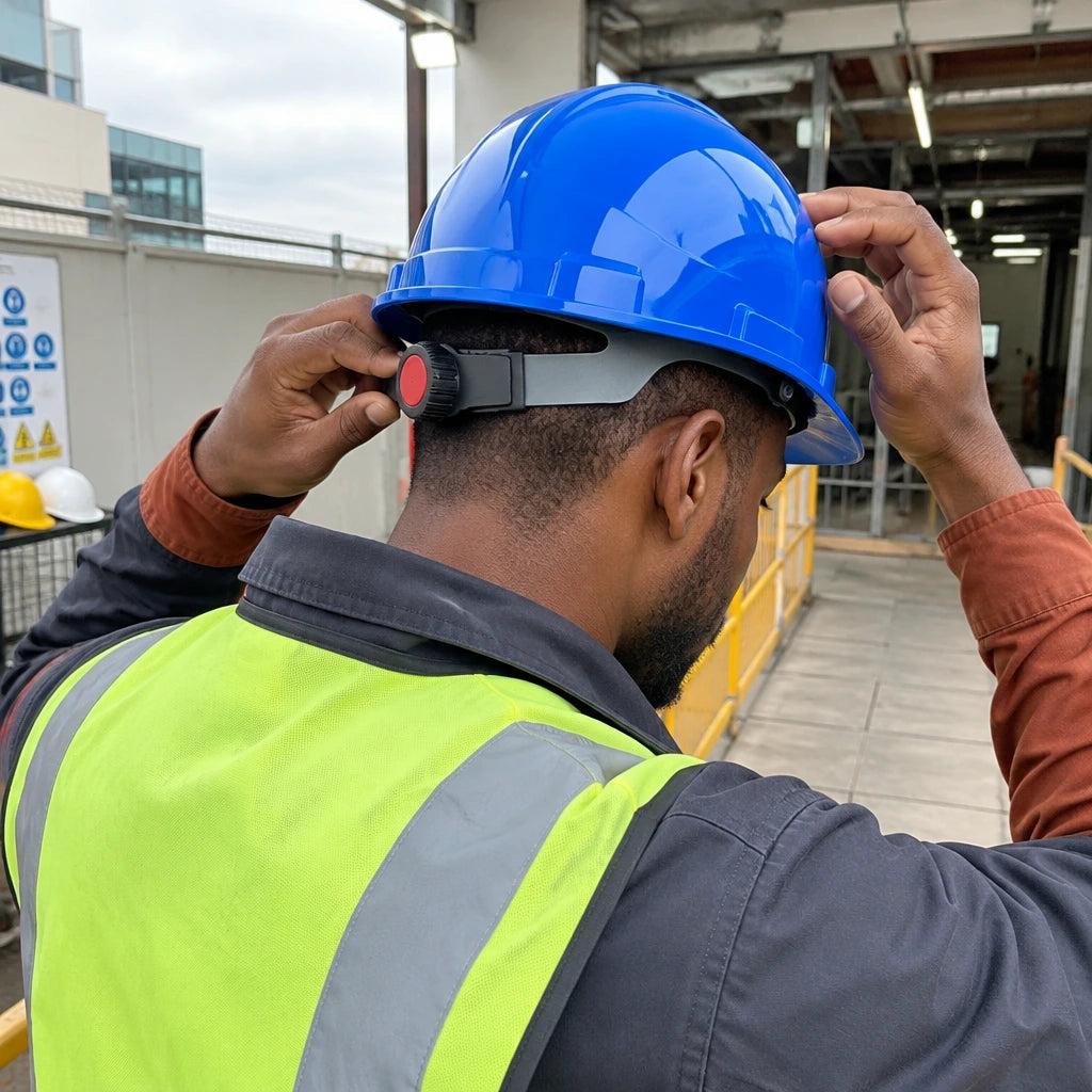 African American construction supervisor adjusting the rear ratchet on a Climax Tirreno TXR safety helmet before entering a work zone