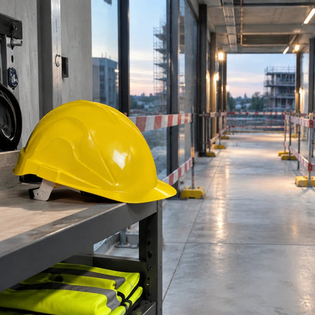Climax Tirreno TXR safety helmet resting at an organised PPE station beside a completed commercial work route