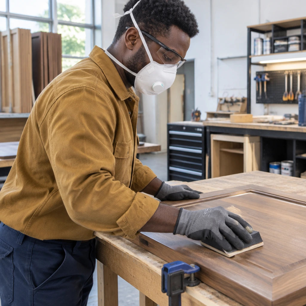 African American finishing worker wearing a Climax valved FFP1 respirator while sanding a supported hardwood cabinet door